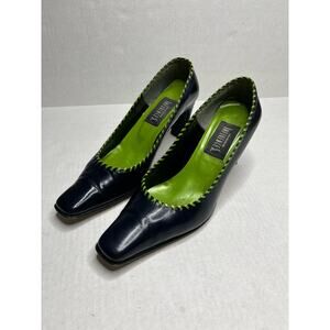 Vintage Y2K 2000s Navy Leather Square-Toe Heels w/ Lime Green Contrast Sz 10